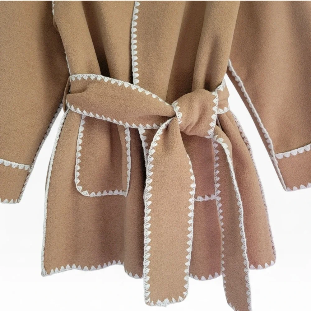 Greylin Camel Brown Blanket Stitch Wrap Jacket Tie Waist Coat Medium